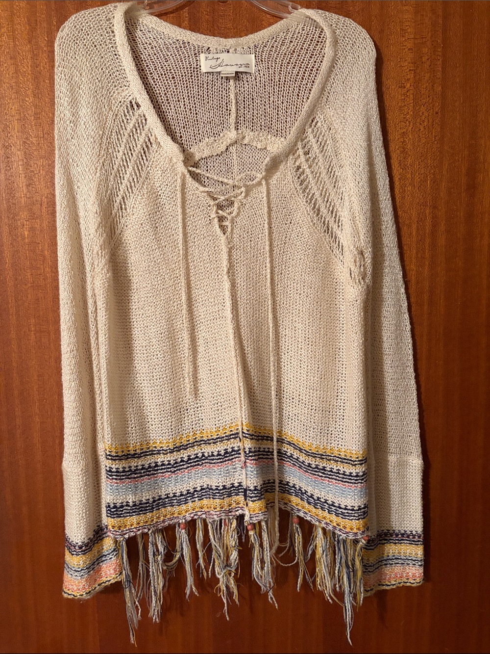 Vintage Havana Cream Open-Knit Fringe Pullover with Multicolor Trim